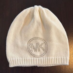 Michael Kors Cream Beanie with Gold Emblem